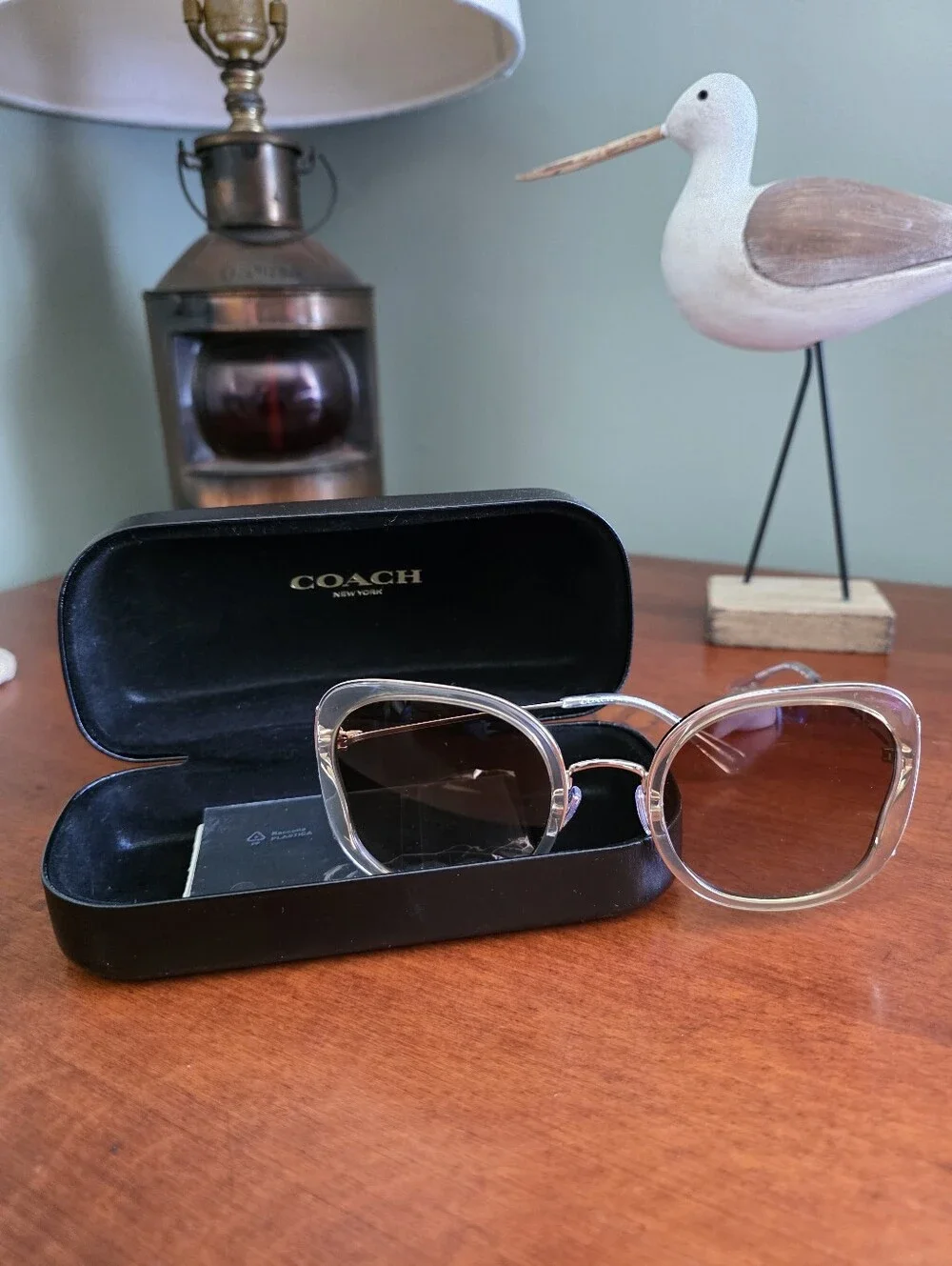 Coach CK483 Tea Rose Butterfly Oversized Square Sunglasses Clear Fawn NWOT